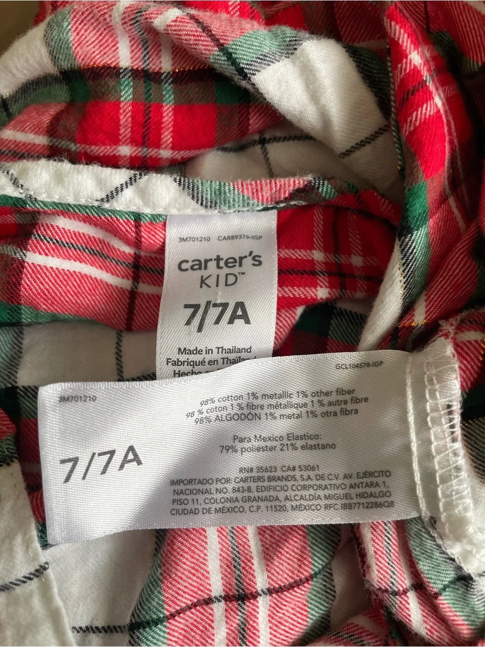 Carter's Red Green and White Plaid Ruffle Yoke Blouse Girls Size 7 Christmas